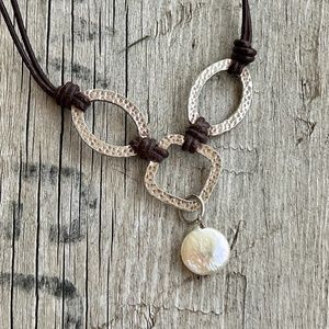 Silpada N1257 Brown Leather Coin Pearl Necklace Sterling Silver .925